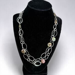 Natural Freshwater Green Brown Coin Pearl Station Silver Plated Necklace 40 In